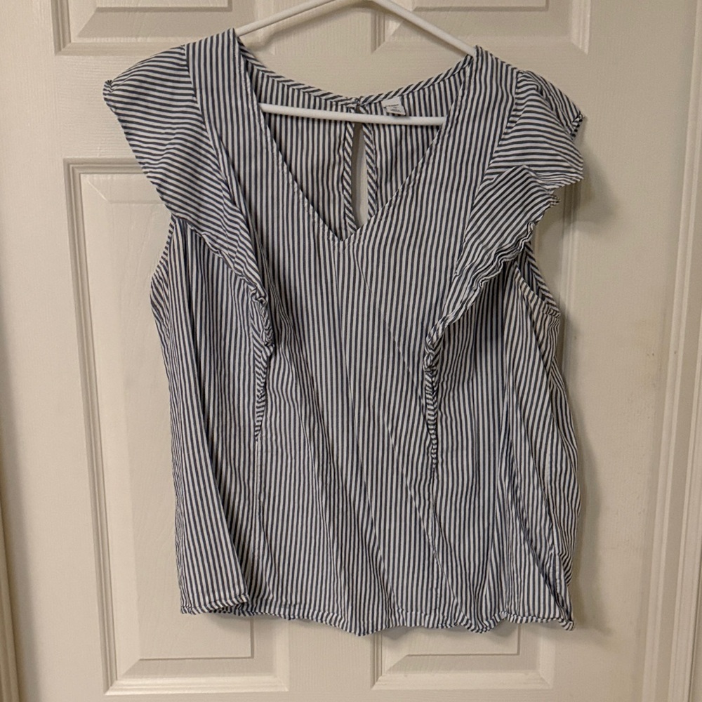 Old Navy Blue and White Striped Ruffle Sleeve Blouse
